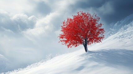 Red tree amidst a snowy winter scenery
