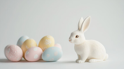 Studio shot of easter bunny figurine with pastel colored eggs - perfect for holiday decor and design
