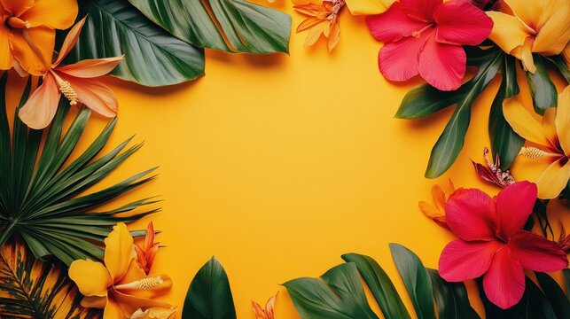 Vibrant tropical flowers and fabric drapery on an orange backdrop ideal for a festive greeting card or banner with space for customization