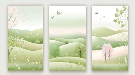Fototapeta premium Tranquil landscape triptych with soft greens and blooming trees.