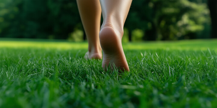 A soothing close-up of bare feet walking on fresh green grass in a natural outdoor setting, capturing the peaceful and grounding experience of connecting with nature through barefoot walking.