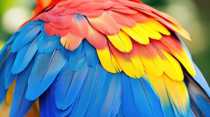 Obraz premium Close up of vibrant blue yellow and red feathers from an exotic parrot species