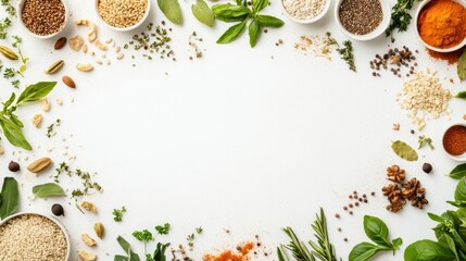 Flat lay arrangement of plant based ingredients including spices herbs and grains creating a border on a white background
