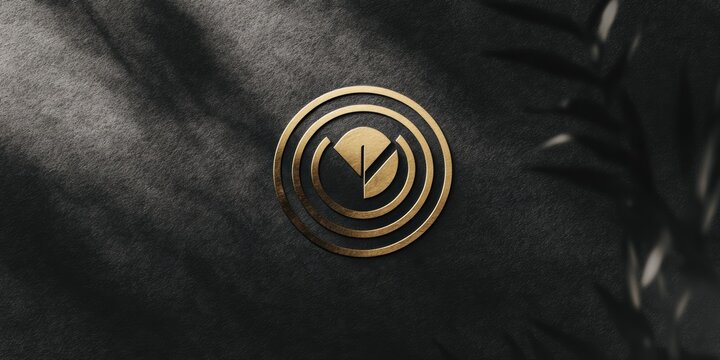 Gold logo on black textured background.