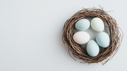 Minimalist easter wreath with pastel eggs in natural twig design for festive decor