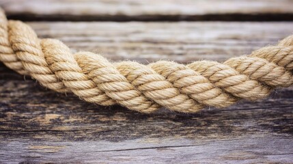 Fototapeta premium Close up view of a twisted rope resting on an aged wooden surface evoking a nautical theme