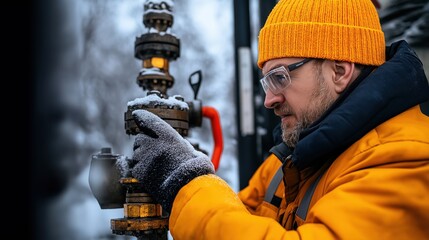 Man wearing protective gear adjusting valve at oil or gas facility in winter, with snow covering equipment and cold weather clothing including gloves and orange hat.