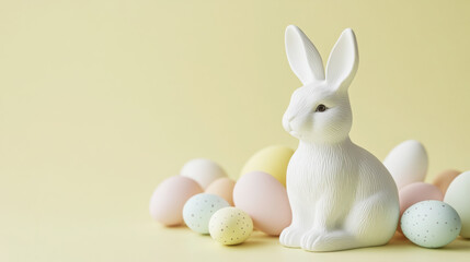 Obraz premium Easter celebration: white ceramic rabbit and pastel eggs design for seasonal decor