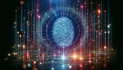 Fototapeta premium Luminous fingerprint in digital network, biometric security and data protection concept