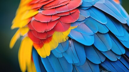 Obraz premium Close up of vibrant blue yellow and red feathers from an exotic parrot species