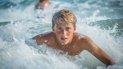 Adventurous Young Man Surfing in Dynamic Ocean Waves with Sharp Focus