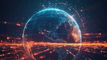 Digital illustration of glowing globes connected by a network. It represents global communication and technology in the modern world with a universe.