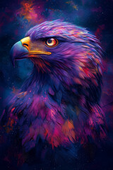 vivid eagle portrait with psychedelic feathers in cosmic colors