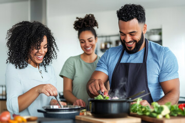 A cheerful group of friends from diverse backgrounds enjoy cooking together in a modern kitchen, sharing laughter and teamwork while preparing a meal, embodying unity, friendship