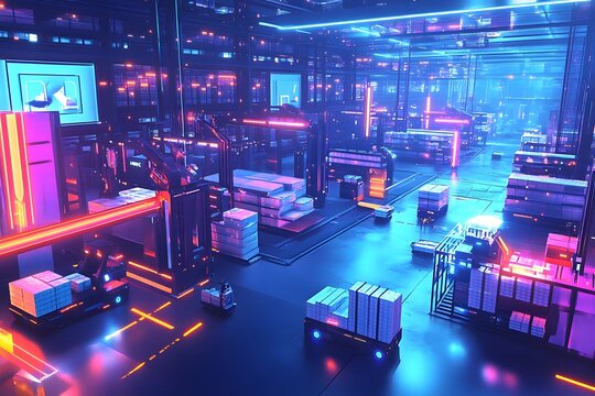 Futuristic Warehouse: A mesmerizing vision of a hyper-automated warehouse, bathed in neon lights. Autonomous robots navigate the expansive space.
