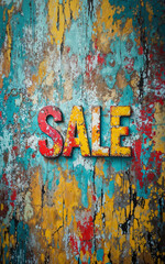 The  word SALE in different coloured wooden letters on a colourful distressed wooden background