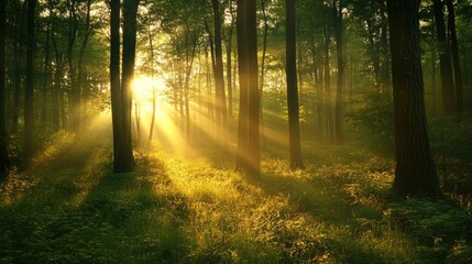 Obraz premium Lush green forest bathed in the soft golden light of sunrise during the enchanting golden hour