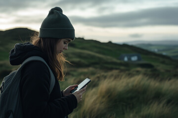 A young adult absorbed in their phone while a beautiful landscape. A woman stands on a hill, gazing thoughtfully at her cell phone
