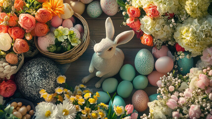 Easter holiday flat lay with floral arrangements and decorative bunny for spring celebrations