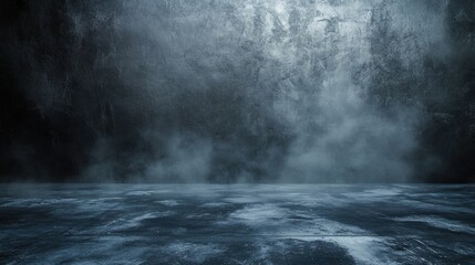 Naklejka premium Dark textured floor with mist or fog featuring an abstract black and gray cement wall in a studio setting
