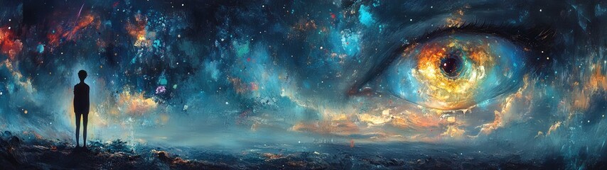 Fototapeta premium A surreal cosmic landscape featuring a figure gazing into a vast universe with a giant eye, blending imagination and reality.
