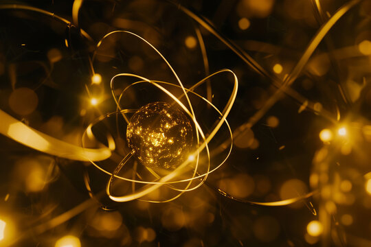 Golden atomic model surrounded by glowing orbits. Generative AI image
