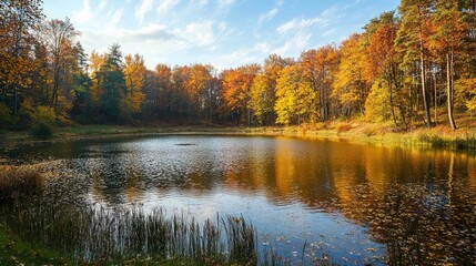 Fototapeta premium Little Lake In Autumn Sunny Day