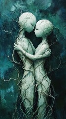 Obraz premium A surreal depiction of two figures entwined with nature, embodying love and connection through organic forms and textures.