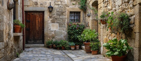 Ancient Stone Building Green Plants In Pots European Architecture