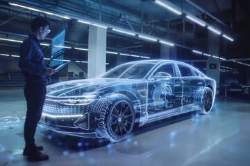 Engineer analyzing holographic car with ar. Generative AI