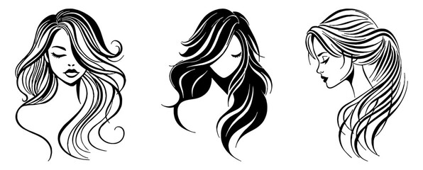 Set of 3 Hairstyles Logo Silhouettes. Flat Vector Illustration