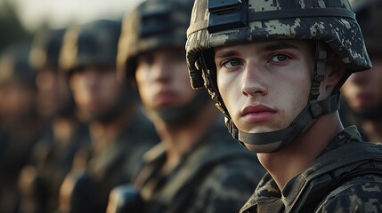 numerous lines of forward-facing tall slim athletic handsome 20 year old American male soldiers, they wear full camouflage uniform and modern combat helmet, Professional photography 