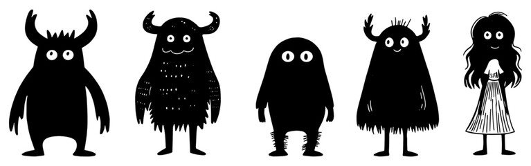 Set of 5 monsters silhouette. Flat Vector Illustration 