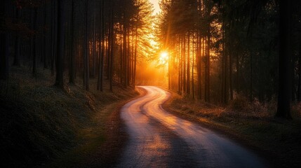 Fototapeta premium Winding road through a forest during sunset