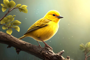Fototapeta premium Peaceful Yellow Bird on Blossoming Branch