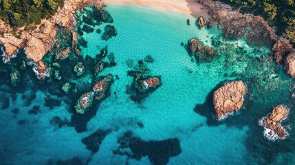 Fototapeta premium Stunning aerial perspective of a coastline featuring crystal clear turquoise waters evoking a sense of summer and holiday relaxation