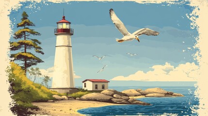 A serene coastal scene featuring a lighthouse, rocky shore, and seagulls flying above the water.