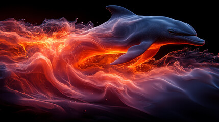 dolphin surging through a fiery wave, embodying the essence of liquid fire