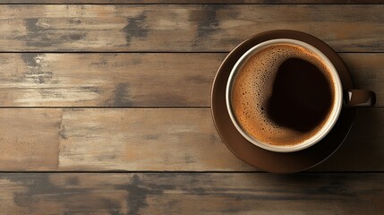 Coffee cup with foam art on a table, top view, ample room for text