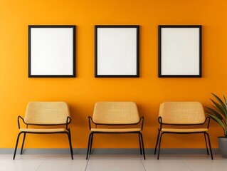 Sleek orange walls in a minimalist waiting room, paired with black metal frames and simple wooden furniture for a clean look