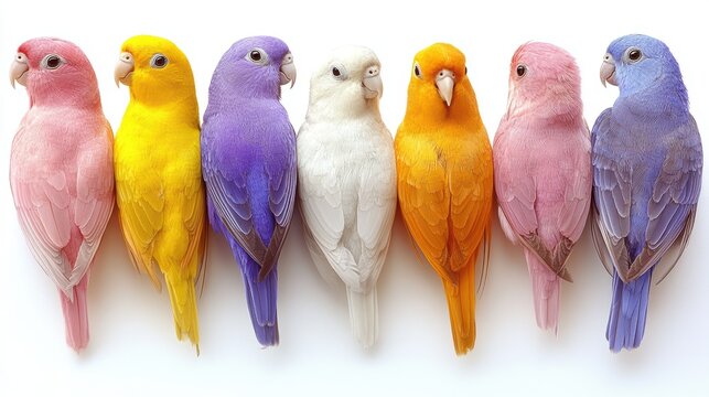 Seven colorful parakeets lined up.