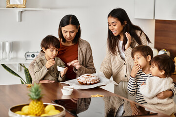 A family enjoys quality time baking festive treats, with children eagerly helping their parents in the cozy kitchen.