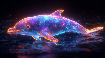 dolphin aglow with neon colors swimming in the cosmic night sky