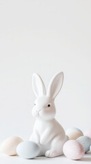 Easter celebration: white ceramic bunny figurine with pastel eggs for spring decor