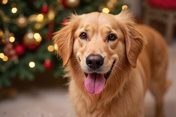 Golden retriever, dramatic dog portrait with decorated Christmas tree and bright bokeh background