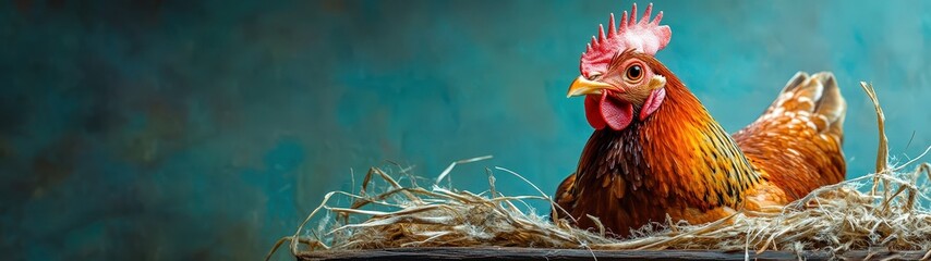 Fototapeta premium A vibrant hen proudly sitting in a nest, showcasing its colorful feathers against a soft, tranquil background. Perfect for farm themes.