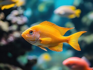 A vibrant orange fish glides gracefully through a colorful underwater scene, showcasing the beauty of marine life.