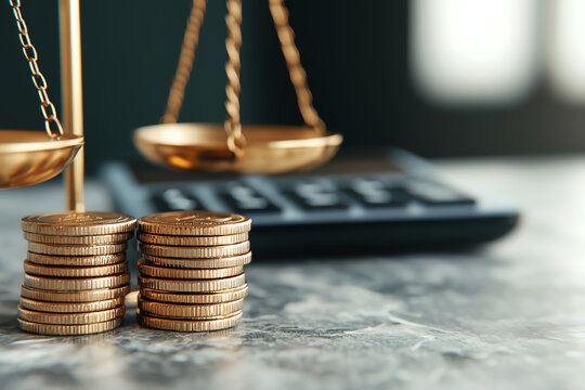 Scale with coins and calculator, value assessment process, 3D illustration