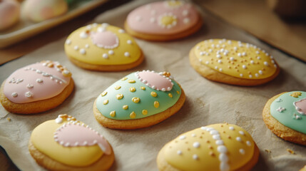 Fototapeta premium Colorful easter-themed cookies shaped like eggs for festive celebrations