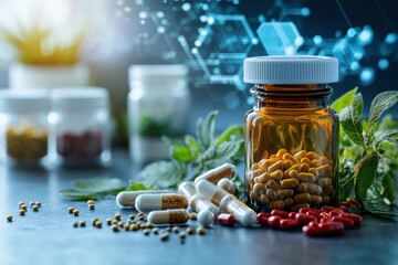 Various herbal supplements and capsules are arranged on a table with scientific visuals behind them